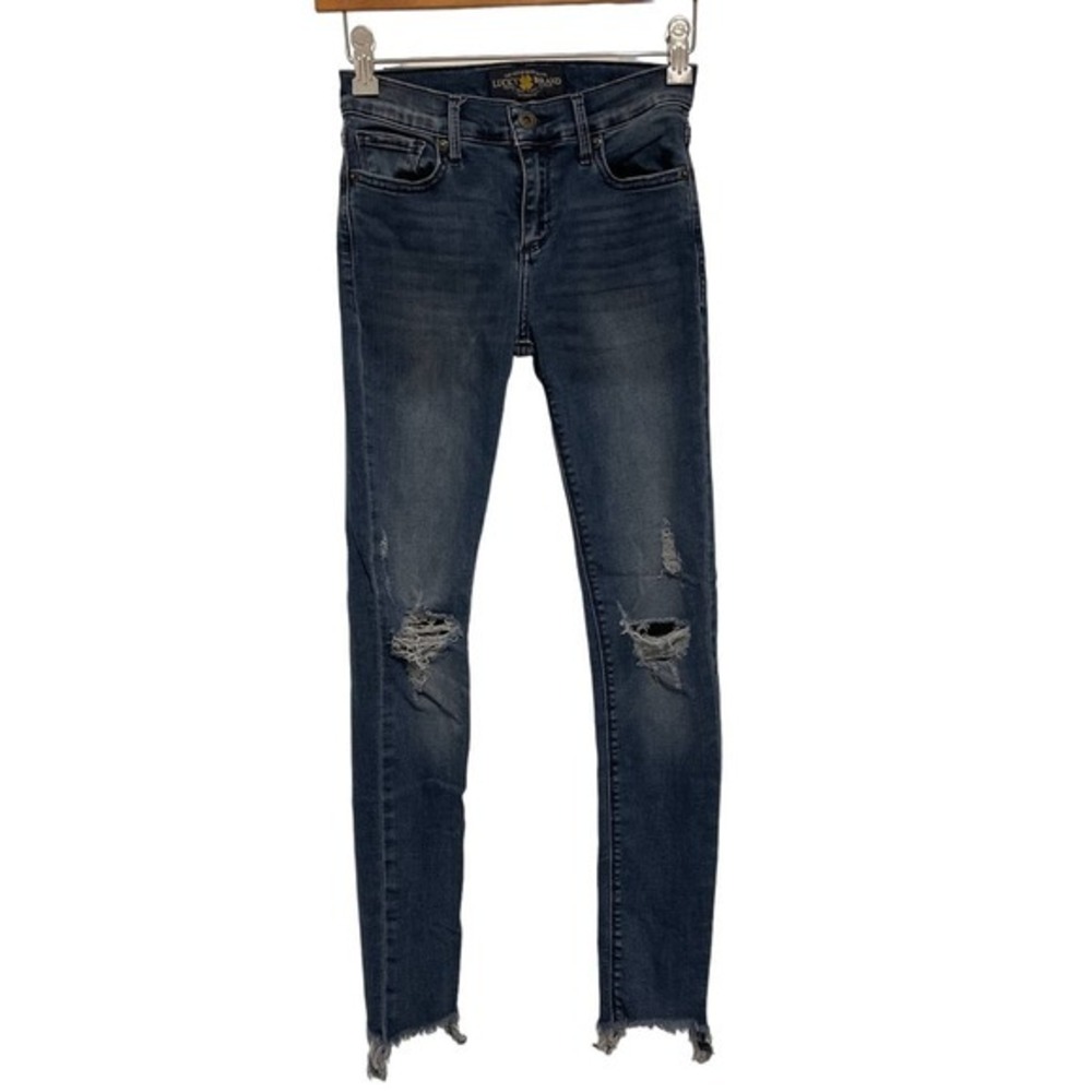 Lucky Brand Womens Distressed Skinny Jeans Dark Wash Raw Hem Sz 00 24 Distressed